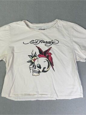 Ed Hardy White Tee with Skull & Red Bird Graphic